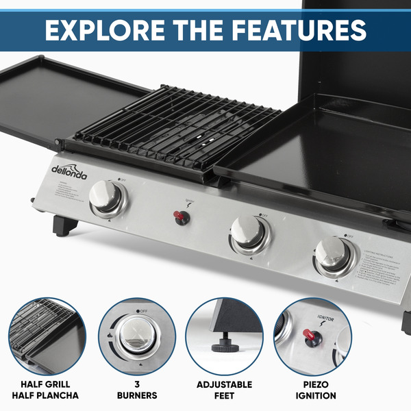 Sealey Dellonda 3 Burner Stainless Steel Portable Gas Plancha/Grill 8.5kW