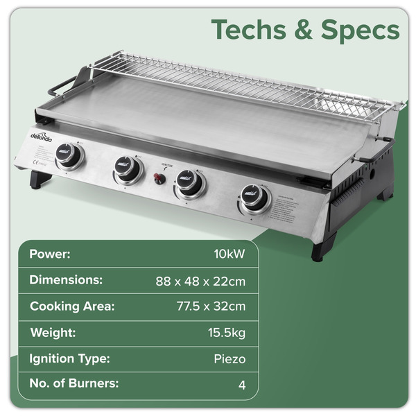 Sealey DG277 Dellonda 4 Burner Stainless Steel Portable Gas Plancha with Warming Rack 10kW