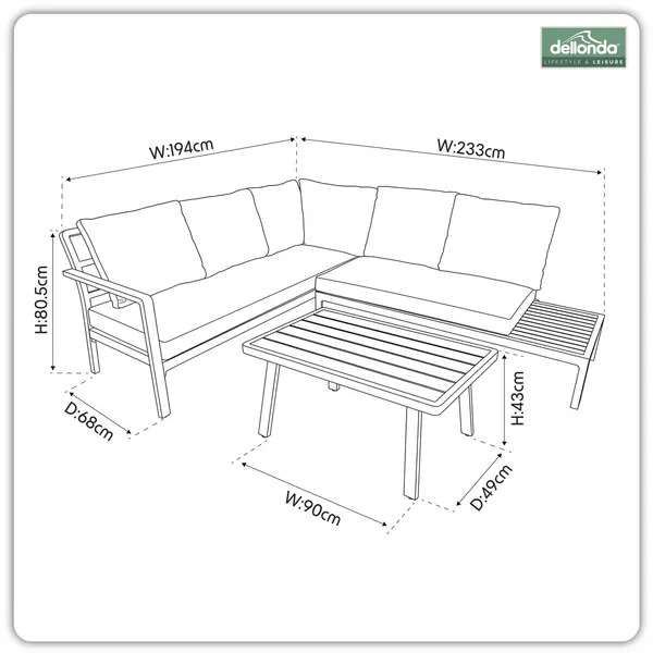 Sealey DG53 Dellonda Kyoto Aluminium Outdoor Corner Sofa & Coffee Table Set 3pc