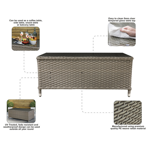 Sealey Dellonda Chester Rattan Wicker Outdoor Balcony Table with Tempered Glass Top