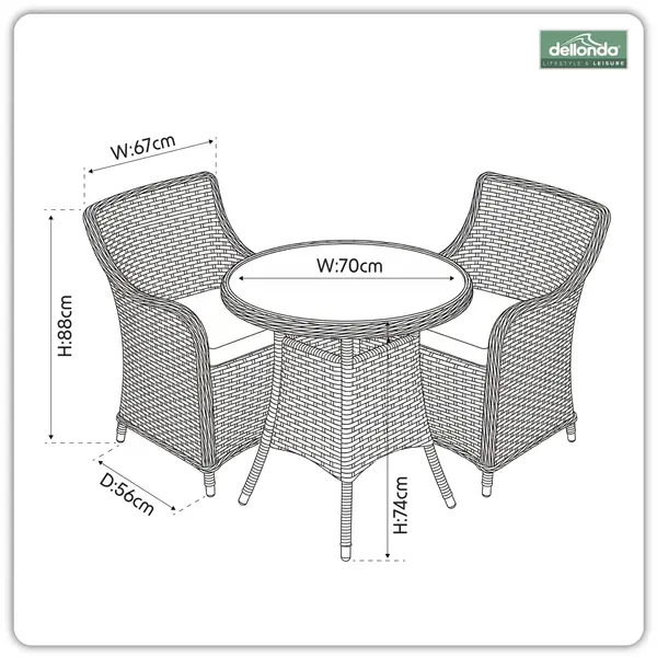 Sealey DG86 Dellonda Chester Rattan Wicker Outdoor Dining Set with Tempered Glass Tabletop 3pc