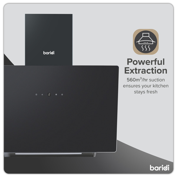 Sealey DH105 Baridi Angled Chimney Cooker Hood with Touch Controls & Carbon Filters 60cm - Black Glass