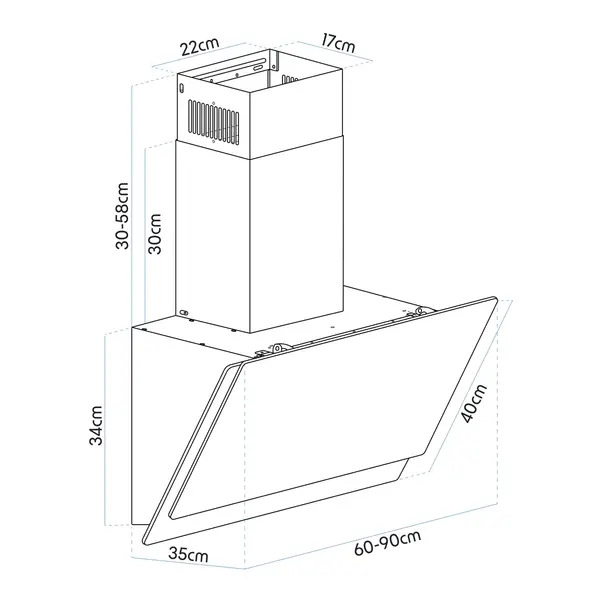 Sealey DH106 Baridi Angled Chimney Cooker Hood with Carbon Filters & LED Lamp 90cm, Energy Class A - Black Glass