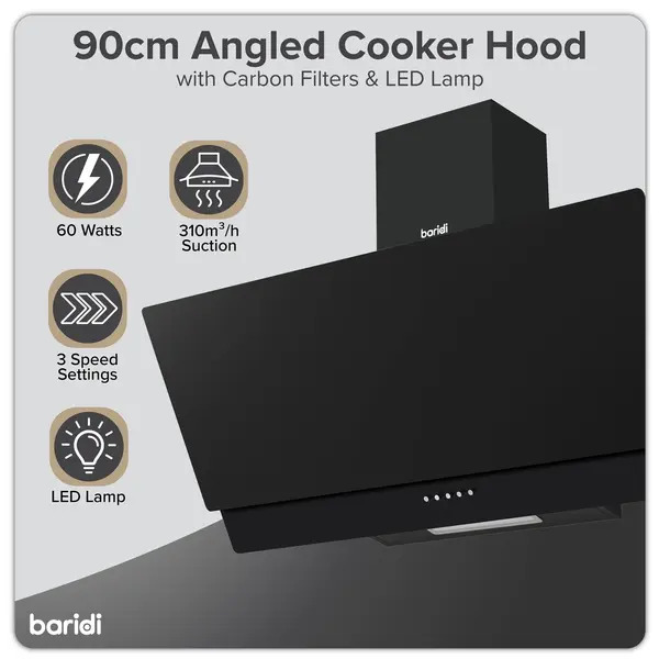 Sealey DH106 Baridi Angled Chimney Cooker Hood with Carbon Filters & LED Lamp 90cm, Energy Class A - Black Glass