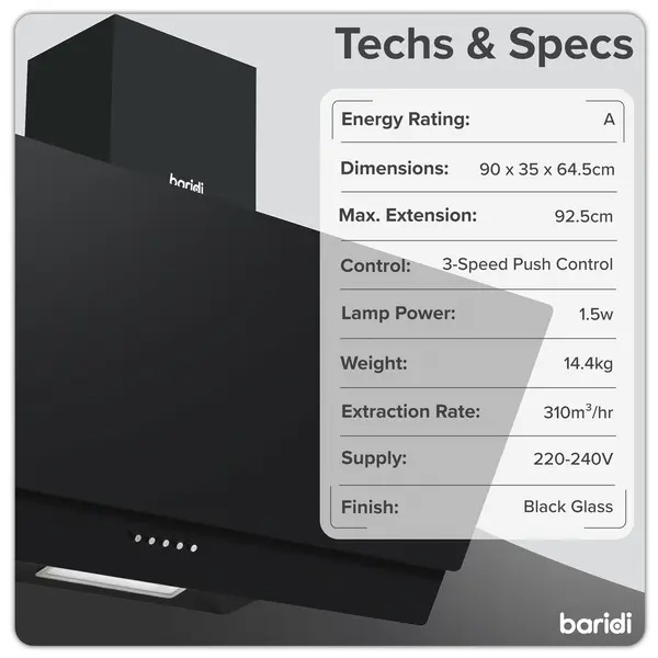 Sealey DH106 Baridi Angled Chimney Cooker Hood with Carbon Filters & LED Lamp 90cm, Energy Class A - Black Glass
