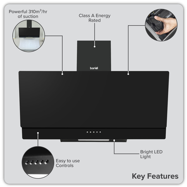 Sealey DH106 Baridi Angled Chimney Cooker Hood with Carbon Filters & LED Lamp 90cm, Energy Class A - Black Glass