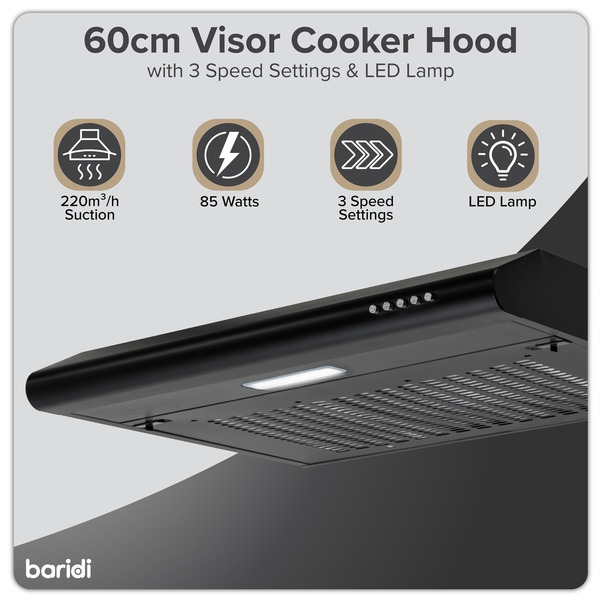 Sealey DH107 Baridi Visor Cooker Hood Extractor Fan 60cm - Black