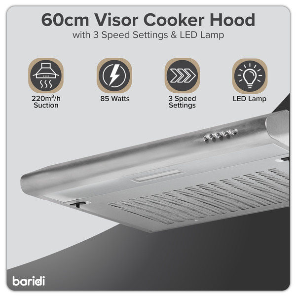 Sealey DH108 Baridi Visor Cooker Hood Extractor Fan 60cm - Stainless Steel
