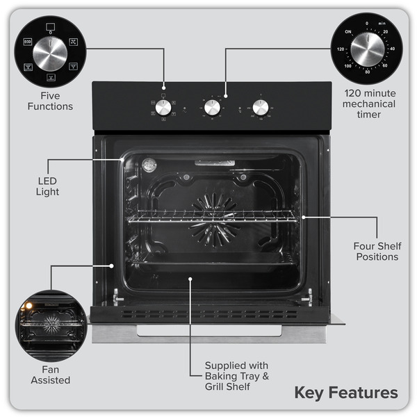 Baridi Built-In 5-Function Fan Assisted Oven with Timer 60cm, 55L Capacity - Black