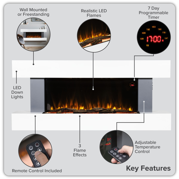 Sealey Baridi Wall Mounting Electric Fireplace with LED Flame Effect 52