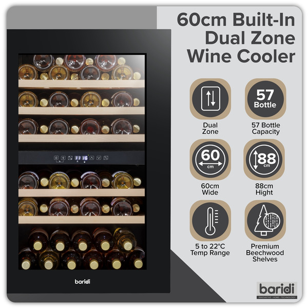Baridi 57 Bottle Dual Zone Wine Fridge & Cooler 60cm
