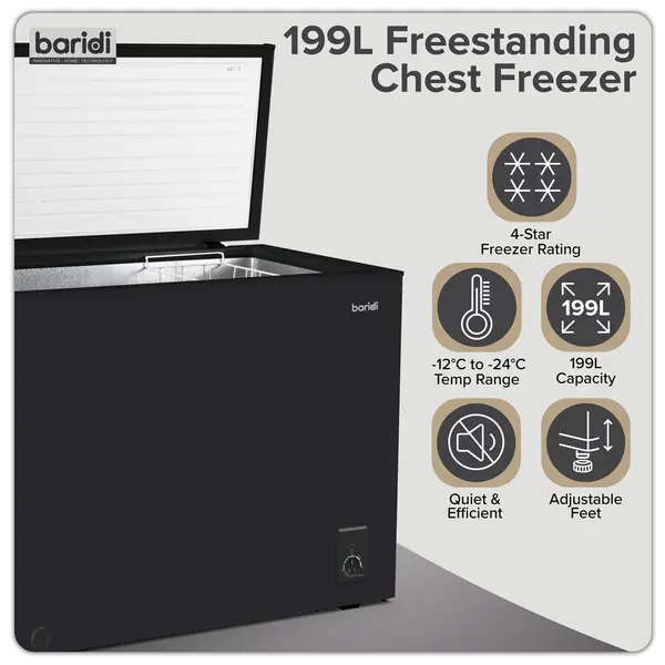 Sealey DH151 Baridi Freestanding Chest Freezer 199L Capacity - Black