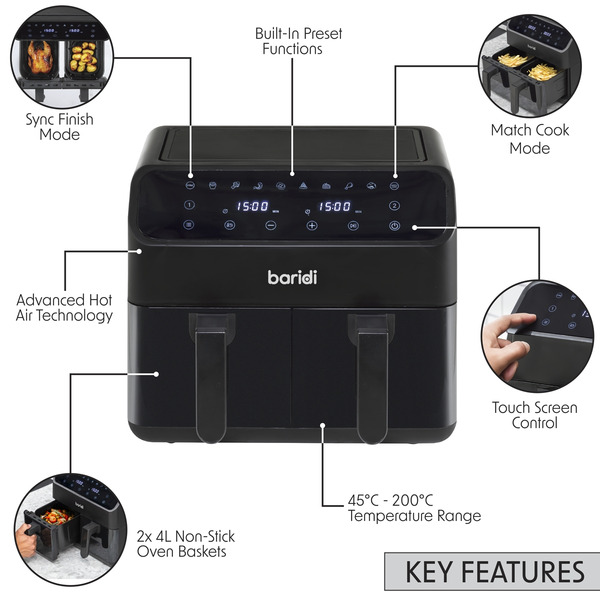 Sealey Baridi Dual Zone Air Fryer 8L with 8-in-1 Functions Touch Controls, Easy-Clean, Black - DH172