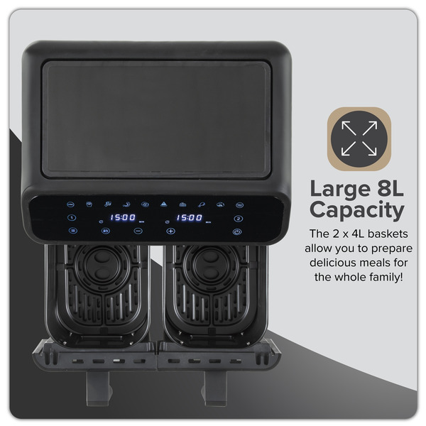 Sealey Baridi Dual Zone Air Fryer 8L with 8-in-1 Functions Touch Controls, Easy-Clean, Black - DH172