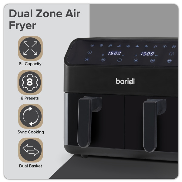 Sealey Baridi Dual Zone Air Fryer 8L with 8-in-1 Functions Touch Controls, Easy-Clean, Black - DH172