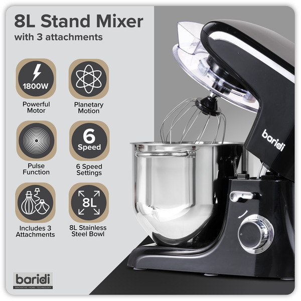 Sealey DH174 Baridi 1800W Stand Mixer with Accessories 8L - Black