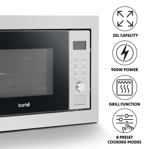 Sealey DH197 Baridi Integrated Microwave Oven with Grill 25L Capacity 900W - Stainless Steel