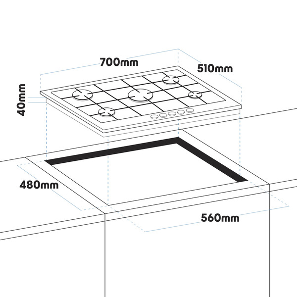 Baridi Gas Hob with 5 Cooking Zones 70cm - Black