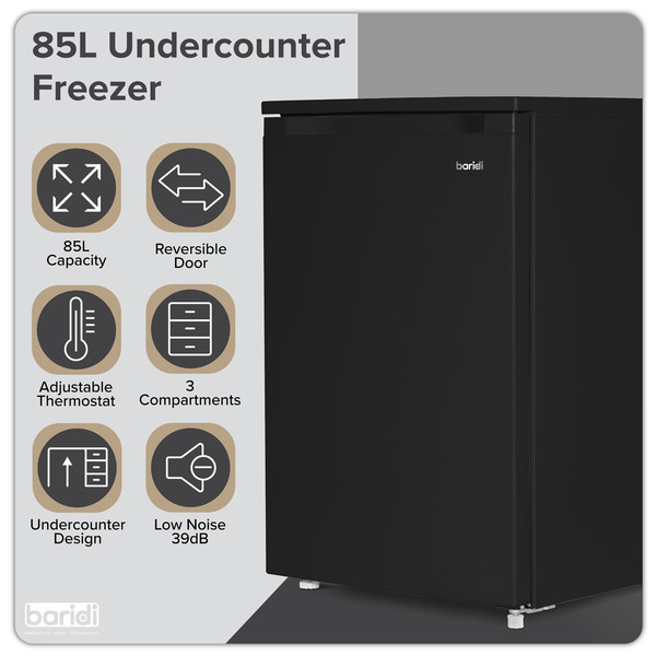 Sealey DH251 Baridi 55cm Undercounter Freezer with Adjustable Thermostat, 85L - Black