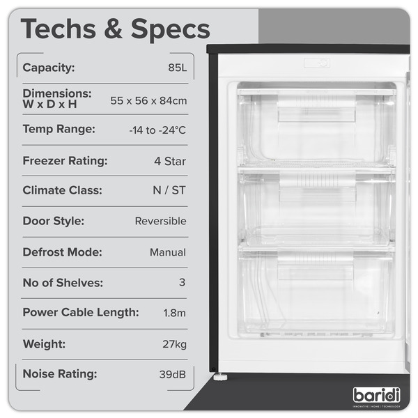 Sealey DH251 Baridi 55cm Undercounter Freezer with Adjustable Thermostat, 85L - Black