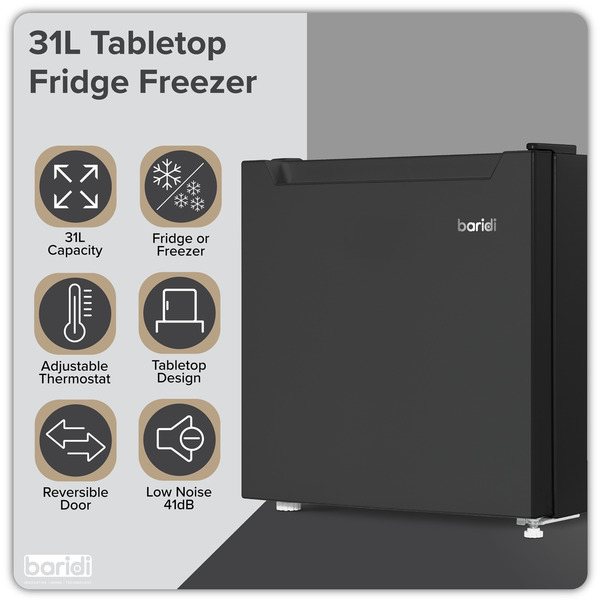 Sealey DH255 Baridi Mini Tabletop Fridge/Freezer, 31L Capacity - Black