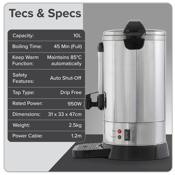 Sealey DH269 Baridi Hot Water Boiler/Tea Urn 10L Capacity, Stainless Steel