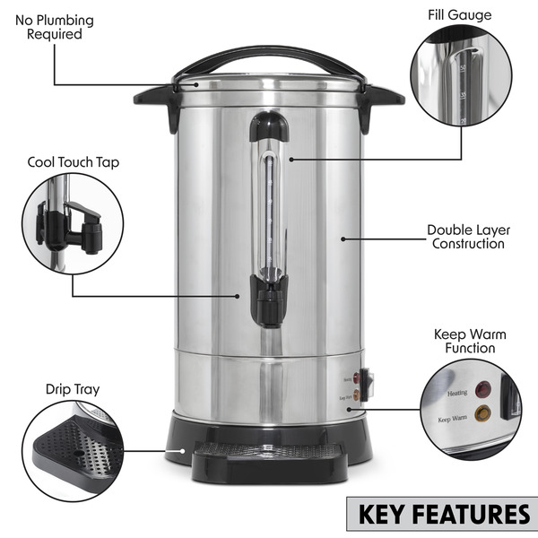 Sealey DH270 Baridi Hot Water Boiler, Tea Urn, 20L Capacity, Stainless Steel