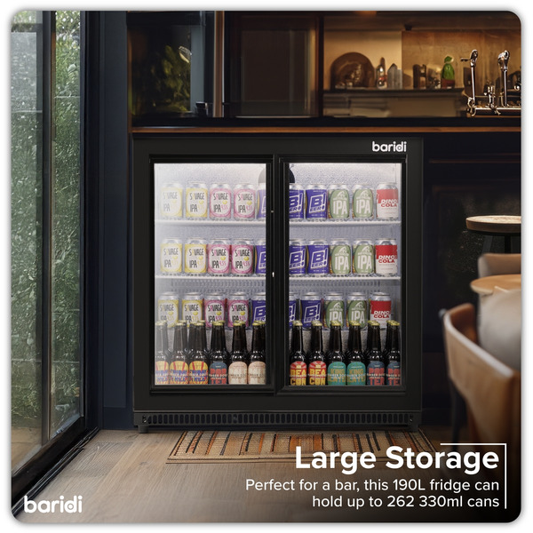 Sealey Baridi Back Bar Drinks Fridge/Cooler with Double Sliding Doors, 190L Capacity