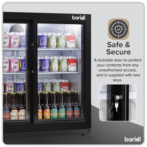 Sealey Baridi Back Bar Drinks Fridge/Cooler with Double Sliding Doors, 190L Capacity