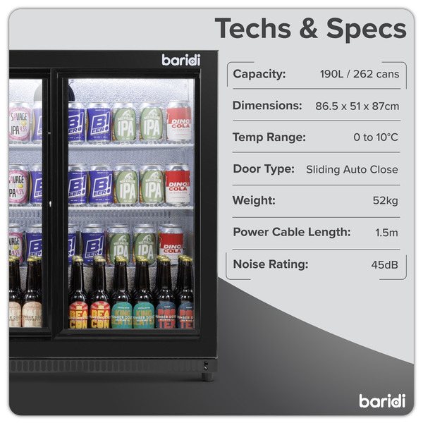 Sealey Baridi Back Bar Drinks Fridge/Cooler with Double Sliding Doors, 190L Capacity