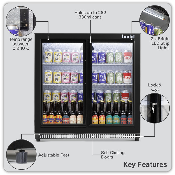 Sealey Baridi Back Bar Drinks Fridge/Cooler with Double Sliding Doors, 190L Capacity