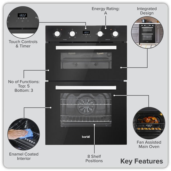 Sealey DH278 Baridi 72cm Built-Under Double Oven, 74L Capacity, Energy Rating A - Black