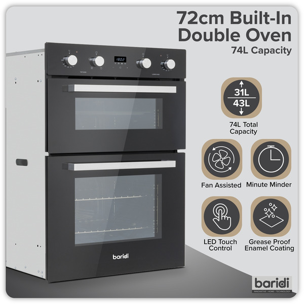 Sealey DH278 Baridi 72cm Built-Under Double Oven, 74L Capacity, Energy Rating A - Black