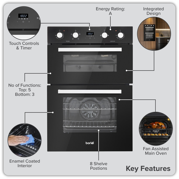 Sealey DH279 Baridi 90cm Built-In Double Oven, 88L Capacity, Energy Rating A - Black