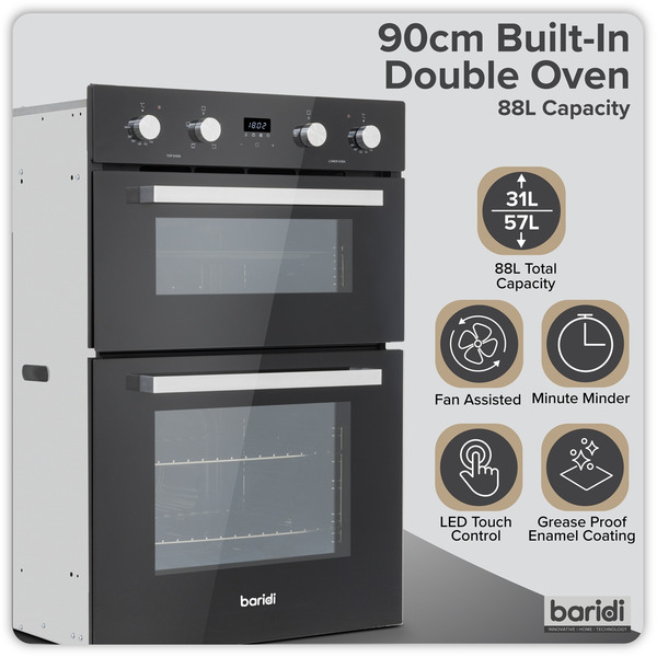 Sealey DH279 Baridi 90cm Built-In Double Oven, 88L Capacity, Energy Rating A - Black