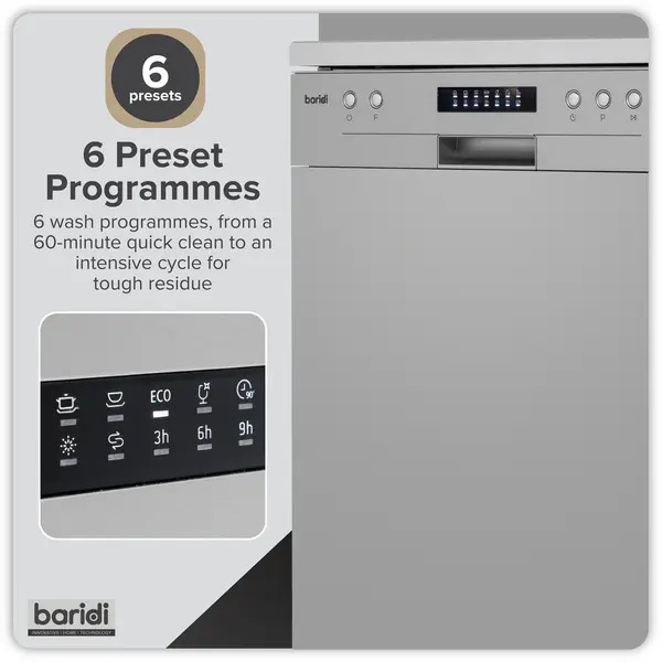 Sealey DH280 Baridi Regular Sized Freestanding Dishwasher 60cm Wide 13 Place Settings - Silver