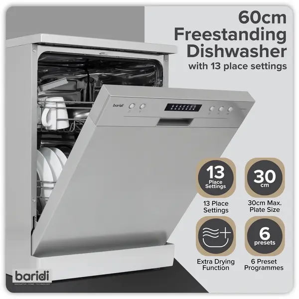 Sealey DH280 Baridi Regular Sized Freestanding Dishwasher 60cm Wide 13 Place Settings - Silver