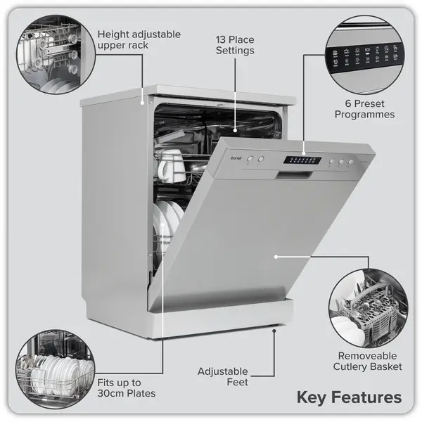 Sealey DH280 Baridi Regular Sized Freestanding Dishwasher 60cm Wide 13 Place Settings - Silver