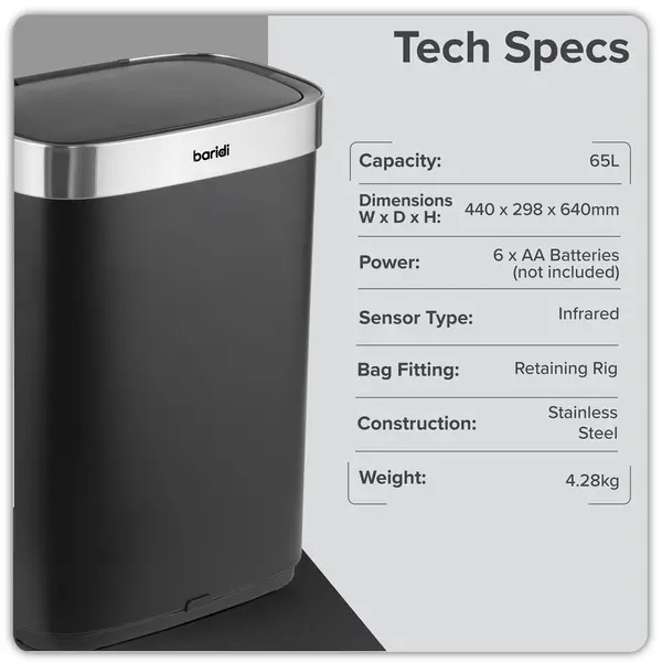 Sealey DH282 Sensor Bin 65L - Black/Stainless Steel