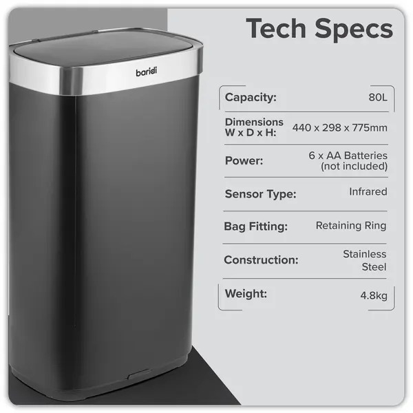 Sealey DH283 Sensor Bin 80L - Black/Stainless Steel