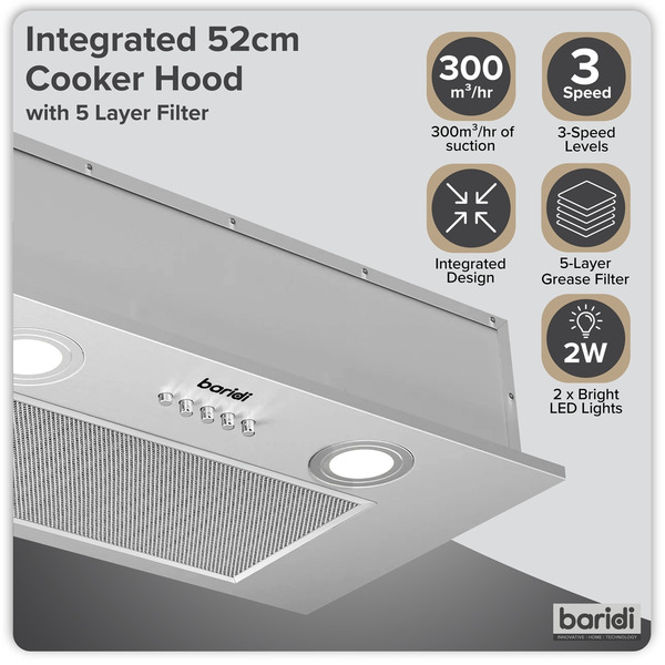 Sealey DH284 Baridi Cooker Hood with 5 Layer Filter 52cm - Stainless Steel