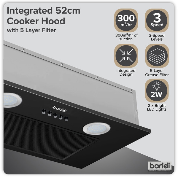 Sealey DH285 Baridi Cooker Hood with 5 Layer Filter 52cm - Black