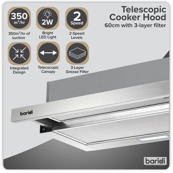 Sealey DH286 Baridi Telescopic Cooker Hood with Aluminium Filters 60cm - Stainless Steel