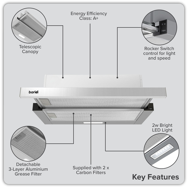 Sealey DH286 Baridi Telescopic Cooker Hood with Aluminium Filters 60cm - Stainless Steel