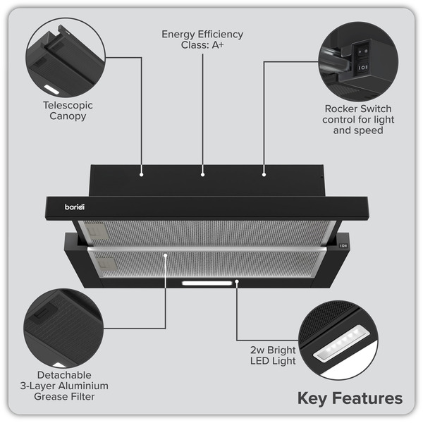 Sealey DH287 Baridi Telescopic Cooker Hood with Aluminium Filters 60cm - Black