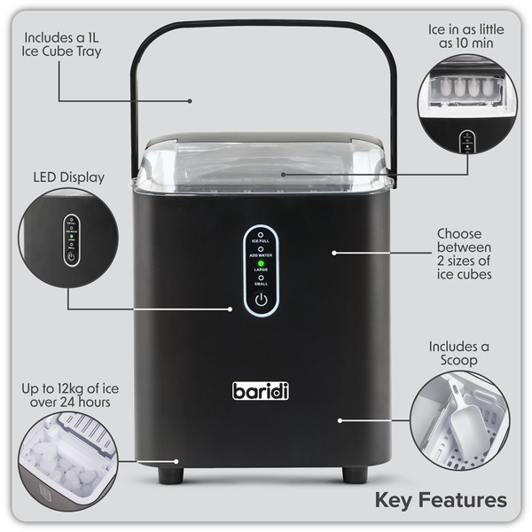 Sealey DH52 Baridi Ice Cube Maker with LED Display & 10 Minute Freeze