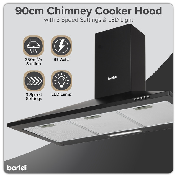Sealey DH59 Baridi Cooker Hood, Chimney Style with Carbon Filters 90cm - Black