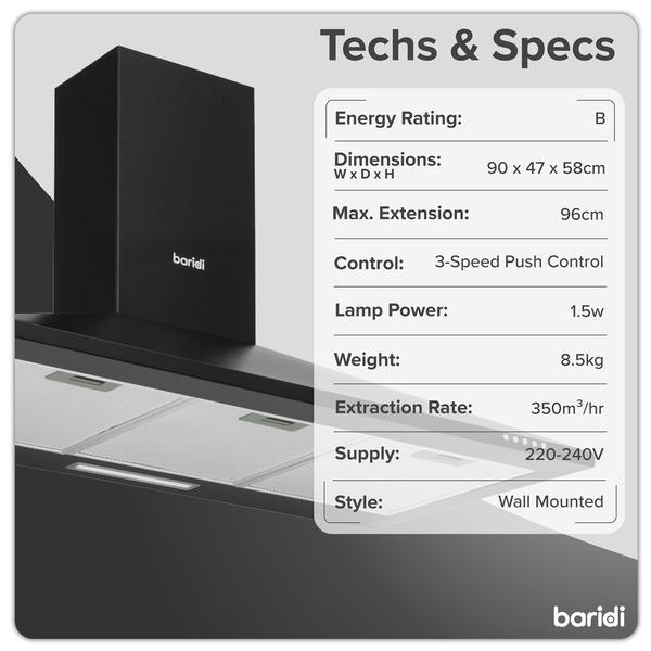 Sealey DH59 Baridi Cooker Hood, Chimney Style with Carbon Filters 90cm - Black