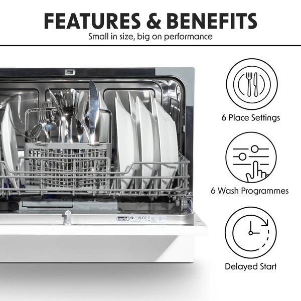 Sealey DH83 Baridi Tabletop Dishwasher 6 Place Settings 6.5L Capacity - White
