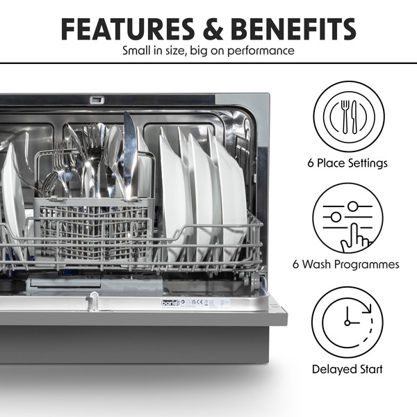 Sealey DH84 Baridi Tabletop Dishwasher 6 Place Settings 6.5L Capacity - Silver